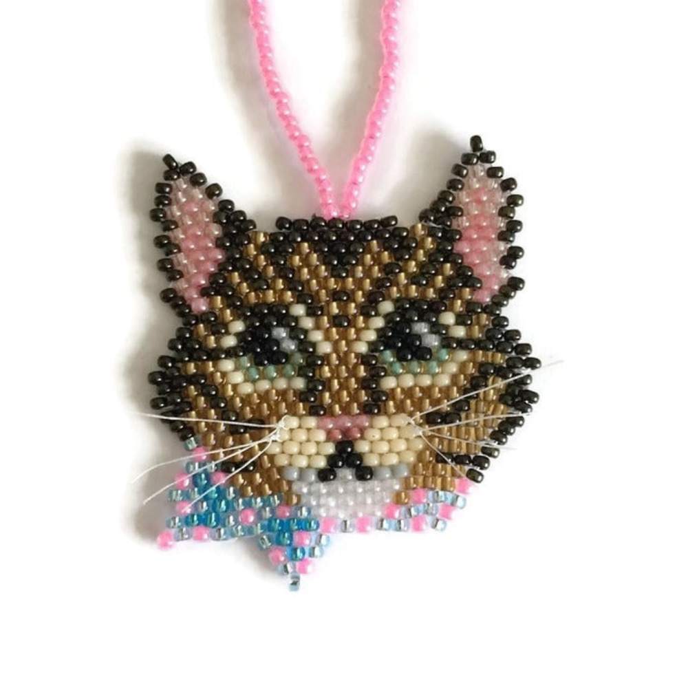 Handmade Beaded Brown Tabby Cat Ornament w Bow